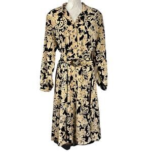 VTG Hana Sung Long Shirt Dress Women 14 Yellow Floral Secretary Tradwife Classic